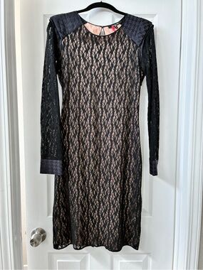 RACHEL Rachel Roy Black Lace Long Sleeve Dress over Nude Slip